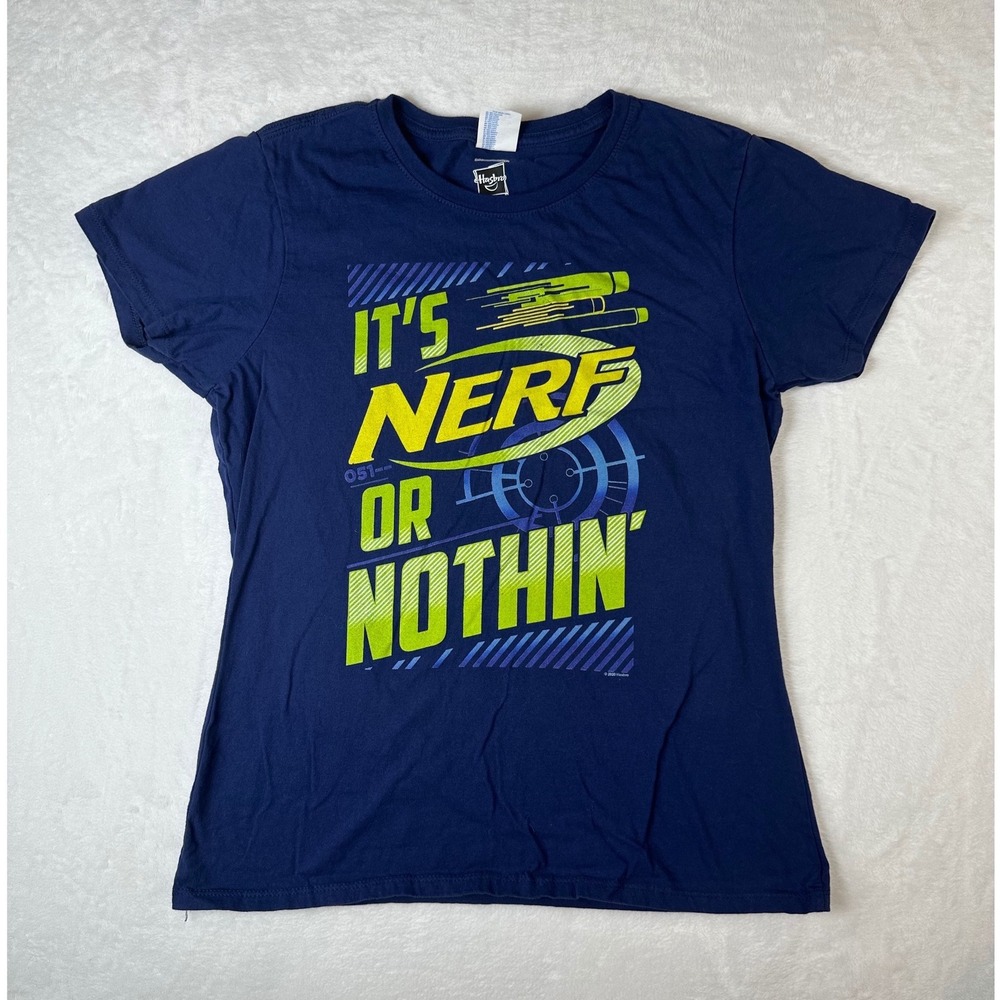 Hasbro Nerf Graphic T-Shirt Navy Blue Womens Large Its Nerf Or Nothin Tee